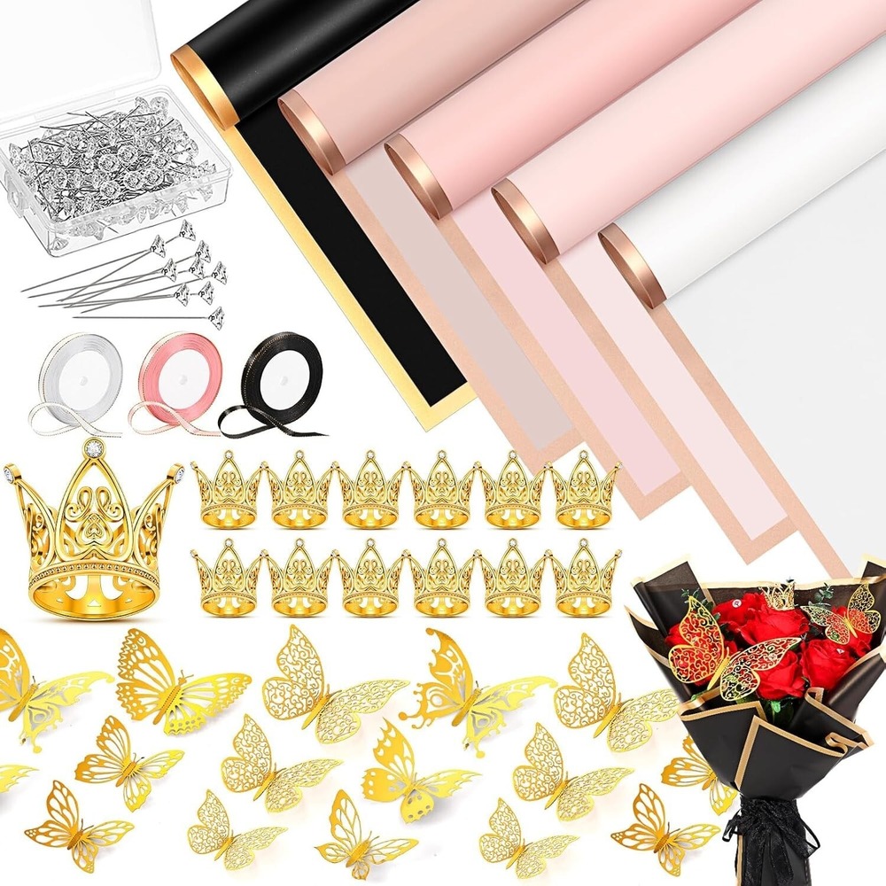 Seajan 50 Sheets Flower Wrapping Paper Set Bouquet Ribbons Pins Crowns Fresh